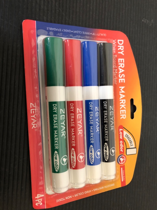 Photo 2 of ZEYAR Low Odor Dry Erase Marker, Bullet Tip White Board Marker, 4 Count (Black,Blue,Red,Green)