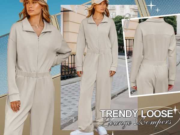 Photo 1 of small---MEROKEETY Women's Long Sleeve Zip Up Jumpsuits 2024 Wide Leg Jogger Sweatpants One Piece Outfit Rompers with Pockets, LightKhaki, S