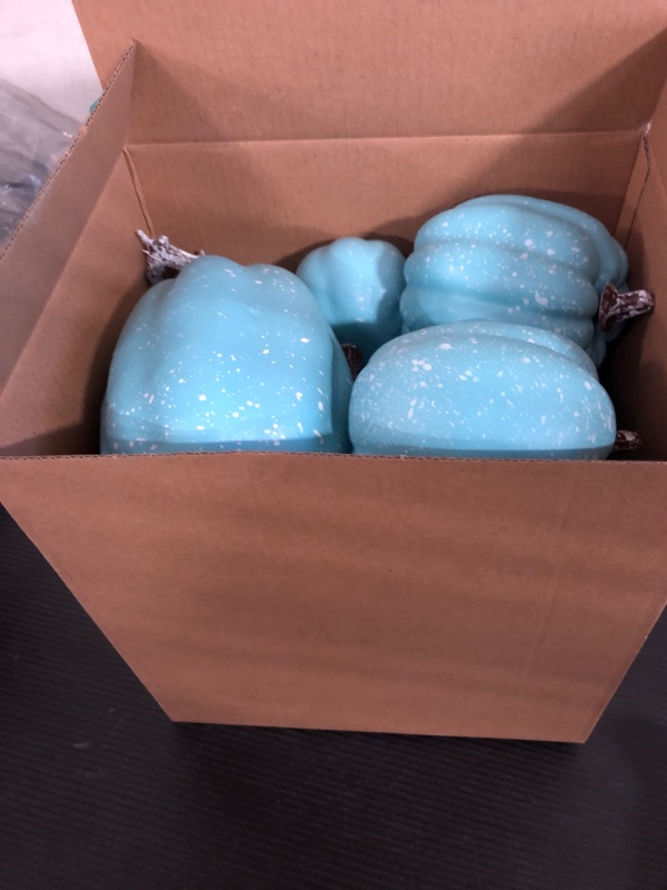 Photo 2 of SMALLS-Halloween Autumn Harvest Festival 7 Artificial Pumpkins of Various Styles Decorate Rural Style Farmhouses Foam Pumpkins Thanksgiving Dinner Party Home Festival Autumn Decoration (Light Blue)