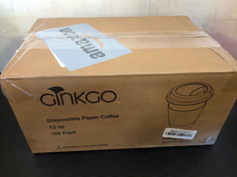 Photo 3 of Ginkgo [100 Pack 12 oz Disposable Thickened Paper Coffee Cups with Lids and Sleeves, To Go Hot Coffee Cups for Home, Office, Wedding and Cafes