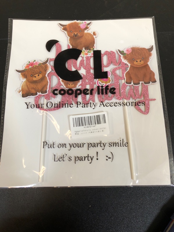 Photo 1 of Highland Cow Happy Birthday Cake Topper Glitter Pink Highland Cattle Birthday Party Decorations Cow Themed Cake Pick Decor for Girl Farm Animals Baby Shower Supplies