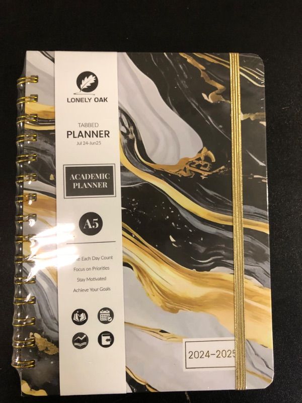 Photo 2 of Lonely Oak Planner 2024-2025 Academic Year, A5 Monthly Weekly Planner from JUL.2024 to JUN.2025, Student and Teacher Agenda Planner with Tabs, Elastic Closure and Inner Pocket(BLACK MARBLE)