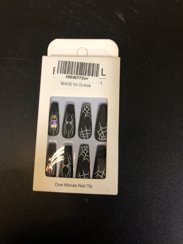 Photo 2 of 24 Pcs Halloween Press on Nails Long, Black Halloween Fake Nails for Women, Halloween Glue on Nails with Designs (Spider and Spider Web)