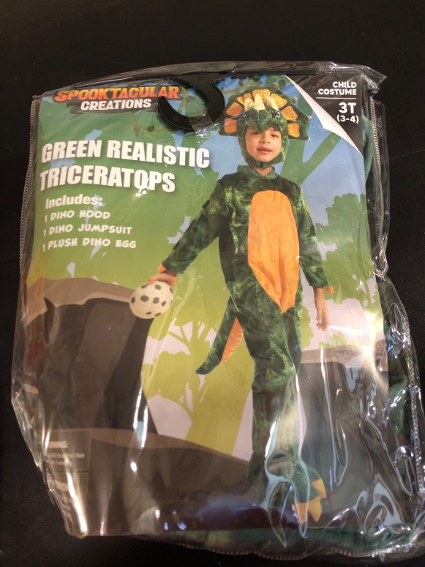 Photo 2 of Spooktacular Creations Child Green Triceratops Costume, Realistic DinosaurJumpsuit with Egg for Kids Halloween Dress Up Party (3T (3-4 yrs))