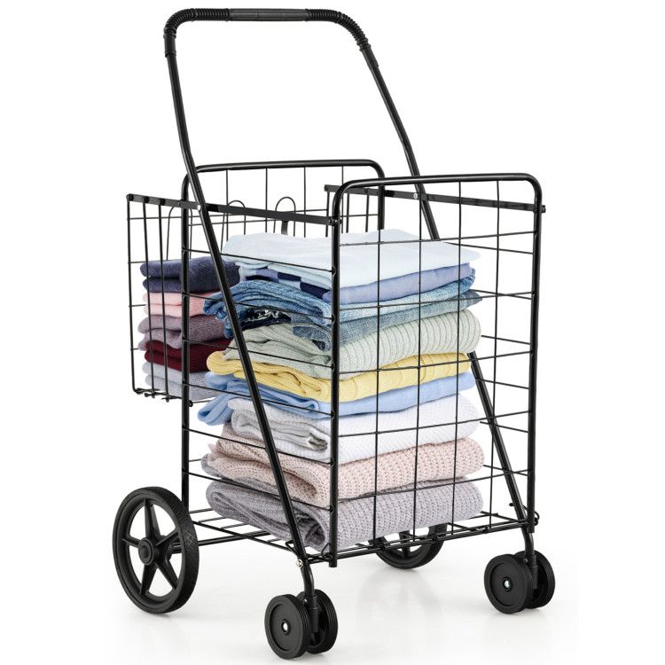 Photo 1 of Folding Shopping Cart with Swiveling Wheels and Dual Storage Baskets