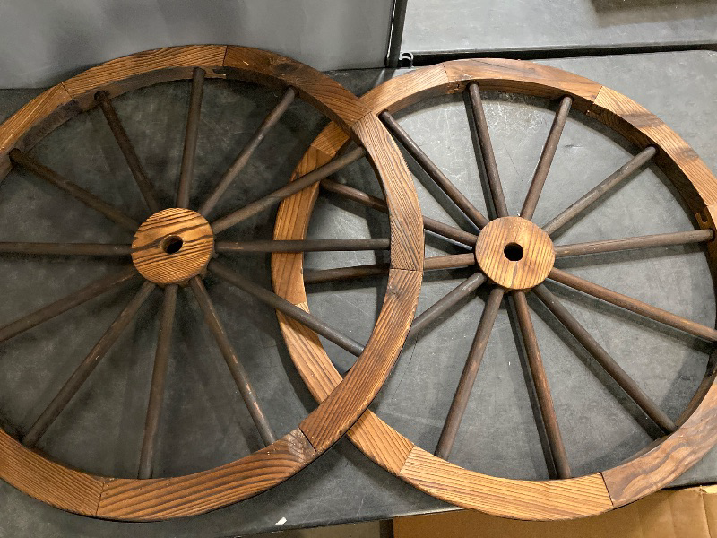 Photo 2 of 30" Decorative Wooden Wheel (Set of 2), Vintage Old Western Style Wall Hanging Wood Wagon Wheel for Bar, Garage, Patio, Carbonized Solid Fir Wood