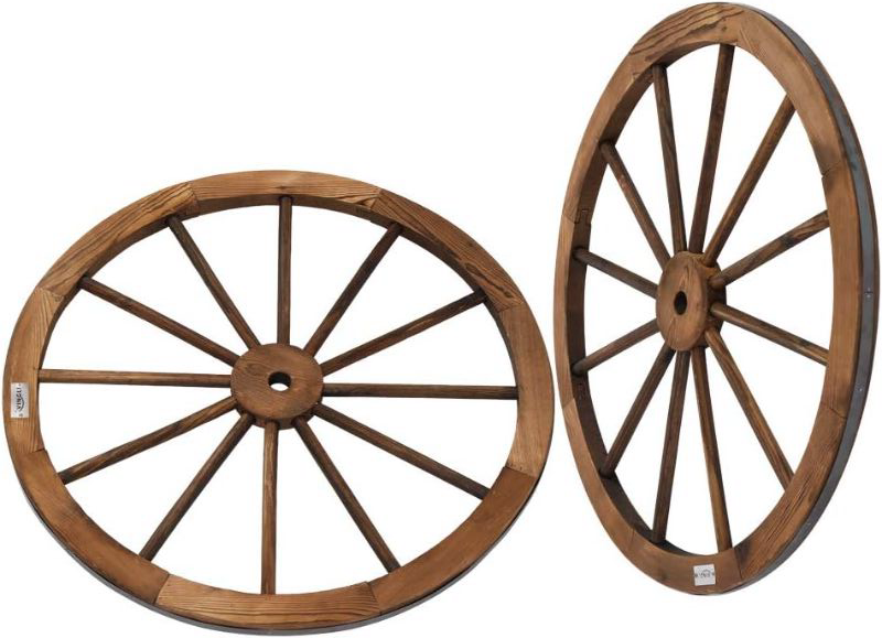 Photo 1 of 30" Decorative Wooden Wheel (Set of 2), Vintage Old Western Style Wall Hanging Wood Wagon Wheel for Bar, Garage, Patio, Carbonized Solid Fir Wood