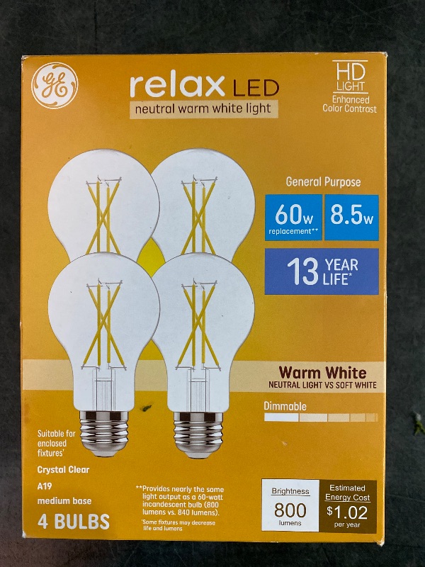 Photo 3 of GE Relax HD 60-Watt EQ A19 Warm White Medium Base (e-26) Dimmable LED General Purpose Light Bulb (4-Pack)