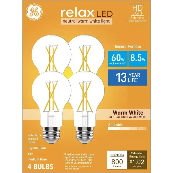 Photo 1 of GE Relax HD 60-Watt EQ A19 Warm White Medium Base (e-26) Dimmable LED General Purpose Light Bulb (4-Pack)