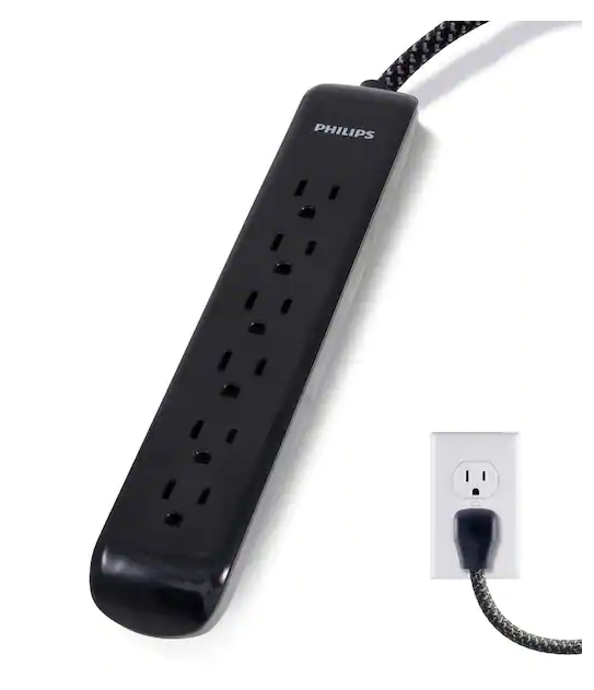 Photo 1 of 10 ft. 16/3 6-Outlet 1080J Surge Protector Power Strip Extension Cord, Black