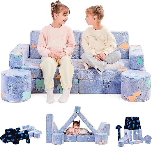 Photo 1 of 14pcs Modular Kids Play Couch, Kids Sofa Toddler Couch, Child Sectional Sofa, Bedroom and Playroom Furniture for Toddlers, Convertible Foam and Floor Cushion for Boys and Girls, Blue Glow, Dino