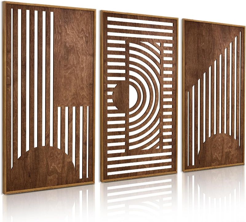 Photo 1 of TOARTi Abstract Geometric Framed Wooden Wall Art Decor(16"x32"x3pcs), Large Vintage Mid Century Rectangle Wall Sculptures, Rustic Minimalist Geometry Artwork for Home Bedroom Living Room