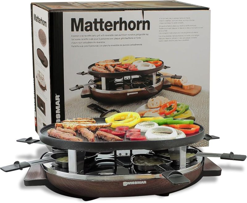 Photo 1 of SwissMar Matterhorn Oval Raclette Table Grill Indoor w/ Wood Base - Reversible Cast Aluminum Non-Stick Grill Plate - Tabletop BBQ, Perfect for Parties & Family Bonding - 8-Person