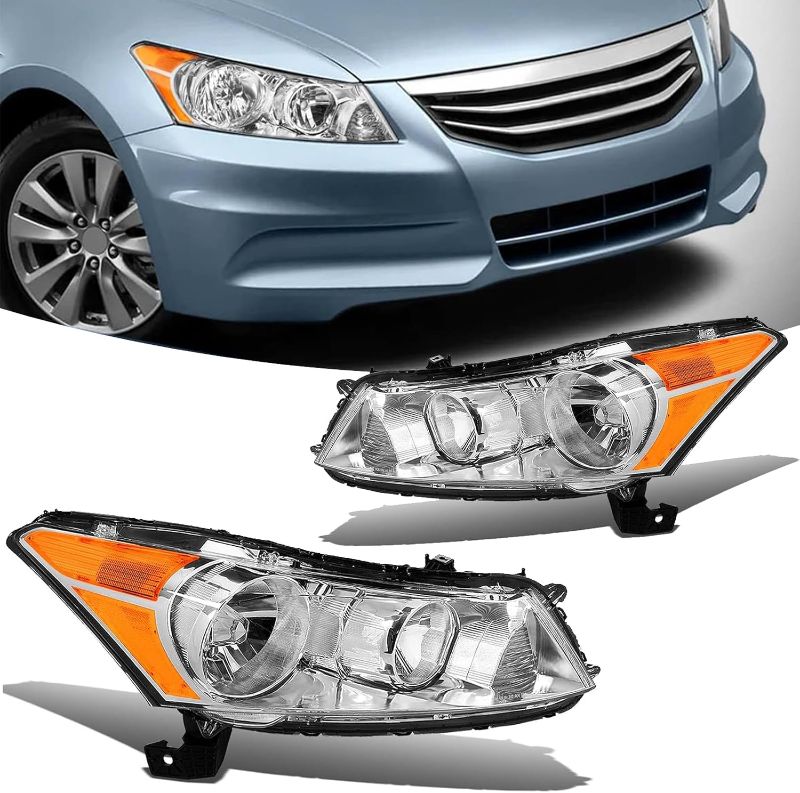 Photo 1 of Headlight Assembly for Honda Accord 2008 2009 2010 2011 2012 Head Lights Headlamp Replacement Driver and Passenger Side, Chrome Housing Amber Corner