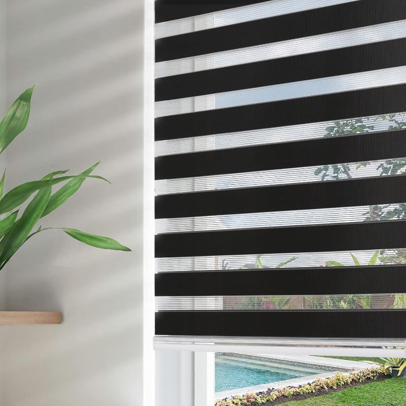 Photo 1 of Joydeco 46 Inch Wide Cordless Black Sheer Zebra Blinds for Windows,Privacy Light Filtering Dual Layer Roller Shades for Home Office Bedroom, 46" W×75" H