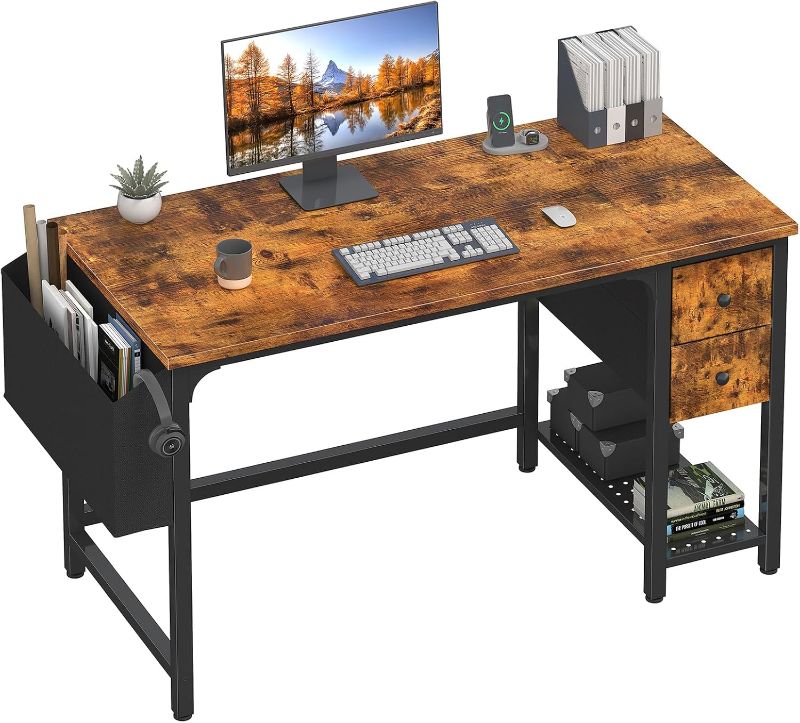 Photo 1 of Lufeiya Computer Desk with Fabric Drawers, 47 Inch Desk for Small Space Home Office, Modern Simple Study Writing Table PC Desks for Bedroom, Rustic Brown