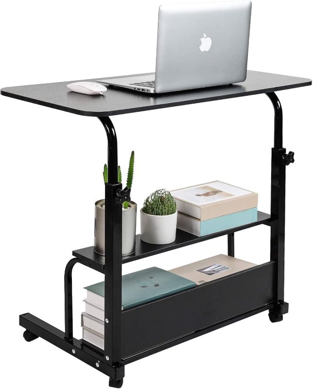 Photo 1 of Adjustable Home Office Desk Portable Student Study Computer Desk Furniture for Small Spaces Movable Sofa Side Table on Wheels Laptop Desk with Storage Black Size 31x16 Inch