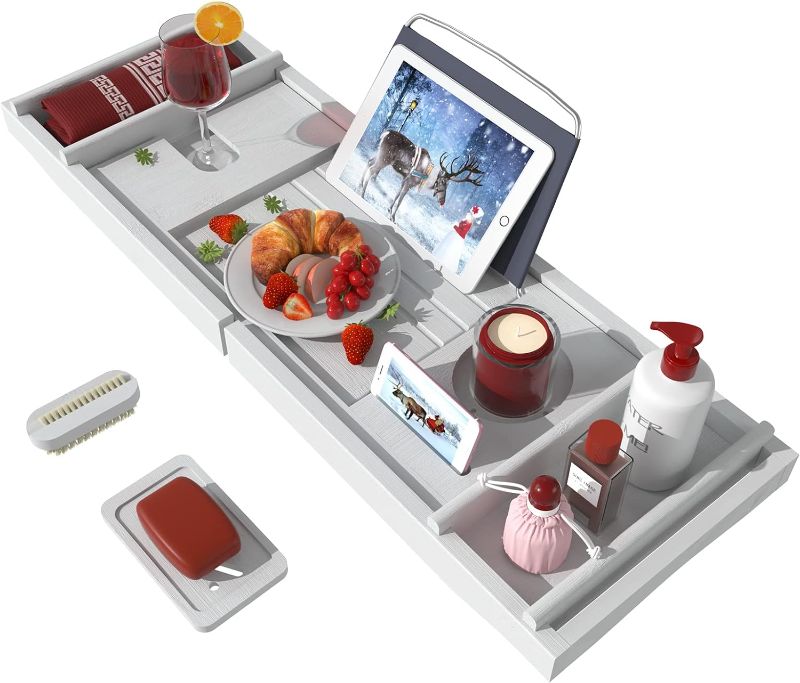Photo 1 of Bathtub Caddy Tray for Luxury Bath - Bamboo Waterproof Expandable Bath Table Over Tub with Wine and Book Holder and Free Soap Dish (White)