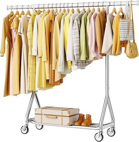 Photo 1 of Heavy Duty Clothes Rack Load 600 LBS, Rolling Garment Rack Standing Clothing Rack For Hanging Clothes, Portable Collapsible Wardrobe Adjustable Closet Shelf With Sturdy Wheels, Silver