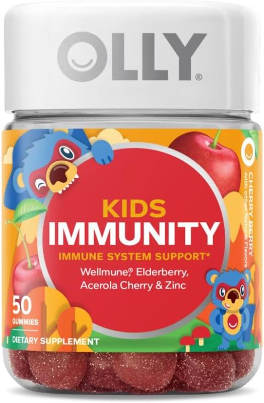 Photo 1 of OLLY Kids Immunity Gummy, Immune Support, Wellmune, Elderberry, Vitamin C, Zinc, Chewable Supplement, Cherry - 50 Count