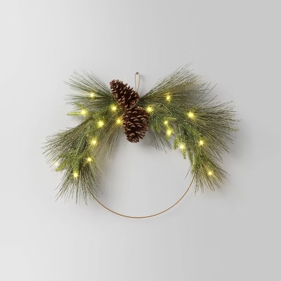 Photo 1 of 22" Pre- Gold Metal Hoop with Glittered Greenery and Pinecones Artificial Christmas Wreath Warm White LED Lights