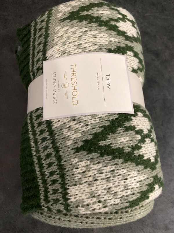 Photo 2 of Knit Fair Isle Throw Blanket Green/Cream