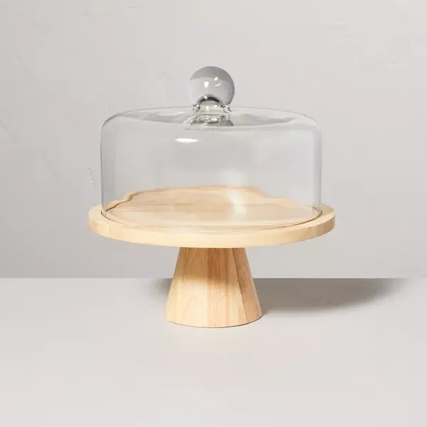 Photo 1 of 11.5" Wooden Cake Stand with Glass Cloche