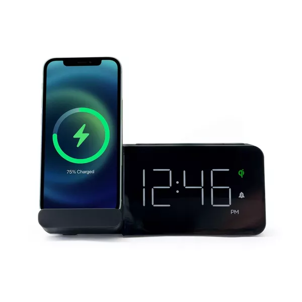 Photo 1 of Power Stand Alarm Table Clock Black - Capello: Wireless Charger, USB Port, Modern Design, for Bedroom