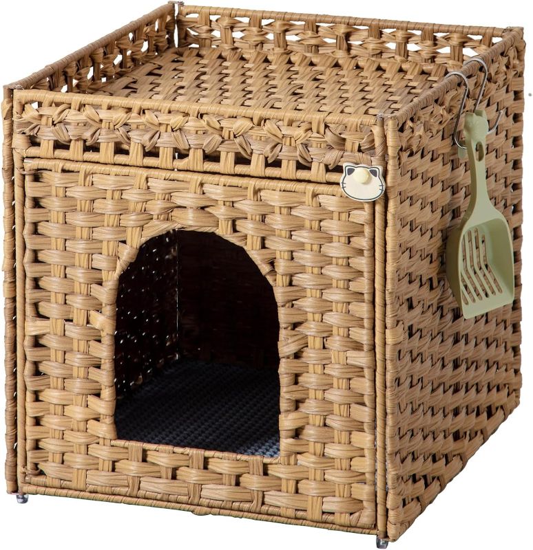 Photo 1 of Cat Litter Box Enclosure Furniture, Hidden Litter Box with Mat and Fence, Handwoven Rattan Cat House with Two S-Shaped Hooks for Living Room, Bedroom, 18.5 x 20.5 x 19.1 Inches (Natural)