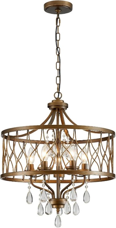 Photo 1 of Modern Crystal Chandelier, 5-Light Farmhouse Bronze Chandelier for Dining Room Vintage Hanging Pendant Light Fixtures Round Chandelier for Kitchen Island Entryway Foyer Bedroom Office Bar