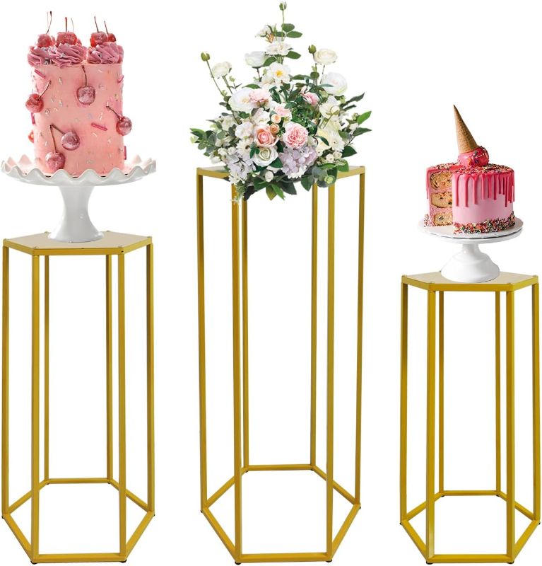 Photo 1 of Hexagon Pedestal Stand Set of 3 – Gold Nesting Display Cylinder Tables, 35.43" for Parties, Weddings, and Home Decor – Metal Pedestal Stands for Centerpieces, Flowers, and Patio Decor (Hexagonal Gold)