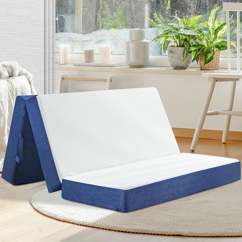 Photo 1 of Folding Mattress Queen Size, Memory Foam 6 inch Tri Portable Trifold Mattress Topper Queen with Breathable & Washable Cover, Foldable Guest Bed for Camping, 58"x78"x6"