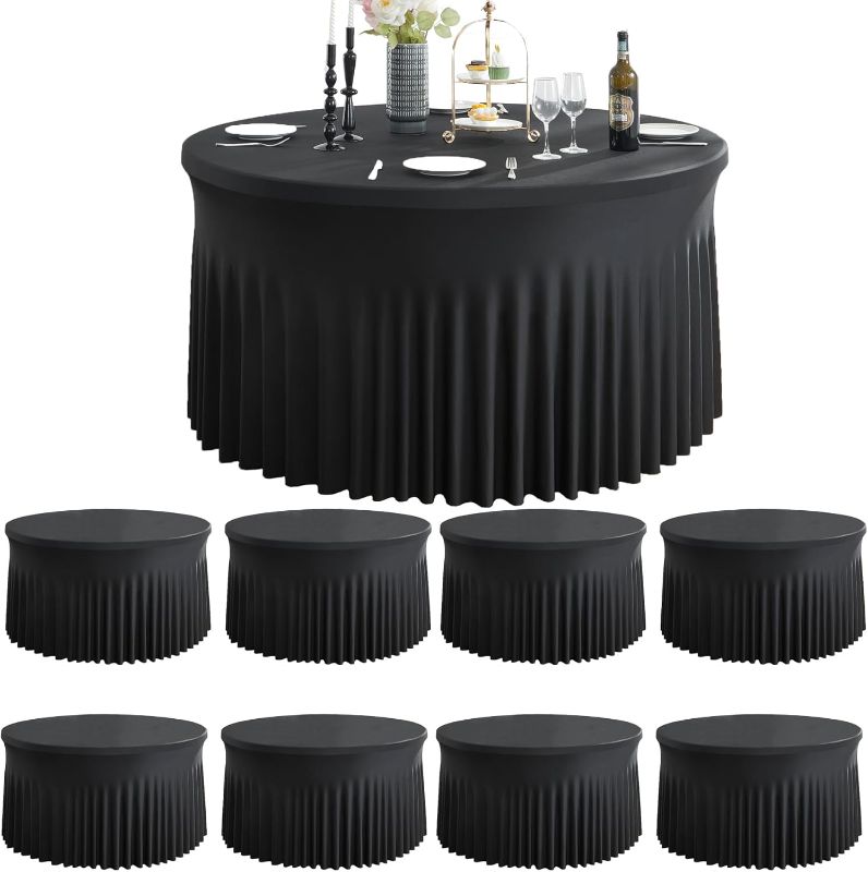 Photo 1 of 8 Pack Black Round Spandex Tablecloths for 60inch Table, 120inch Stretchy Fitted 5FT Round Table Cloths, Wrinkle Free Round Table Cover Desk Skirt for Wedding Birthday Graduation Party Banquet