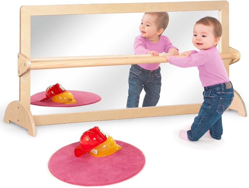 Photo 1 of 3-Position Montessori Wood Frame Non-Shatter Safety Pull Up Bar Baby Big Mirror Set, Infant Coordination Mirror, Kids Classroom Furniture for Daycare, Homeschool or Preschool