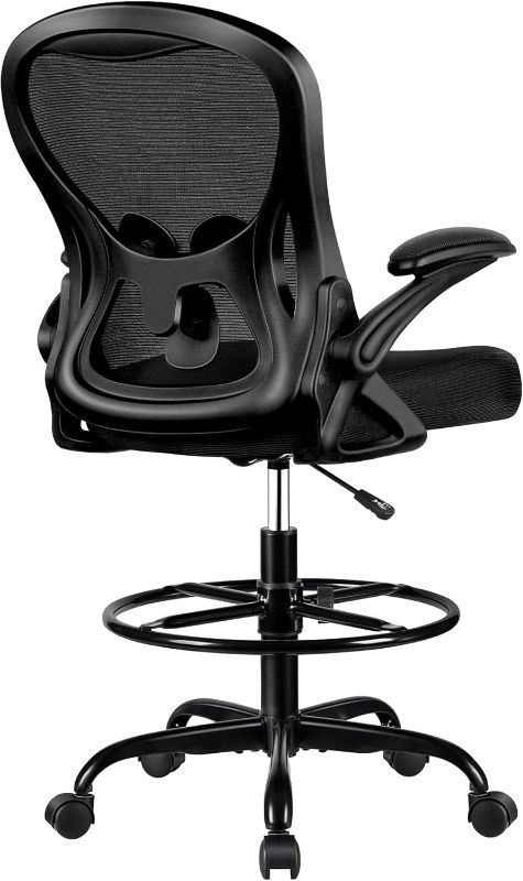 Photo 1 of Drafting Chair, Tall Office Chair Ergonomic Standing Desk Chair, Lumbar Support Computer Chair Swivel Task Rolling Chair with Adjustable Flip-up Armrests & Foot Ring (Black)