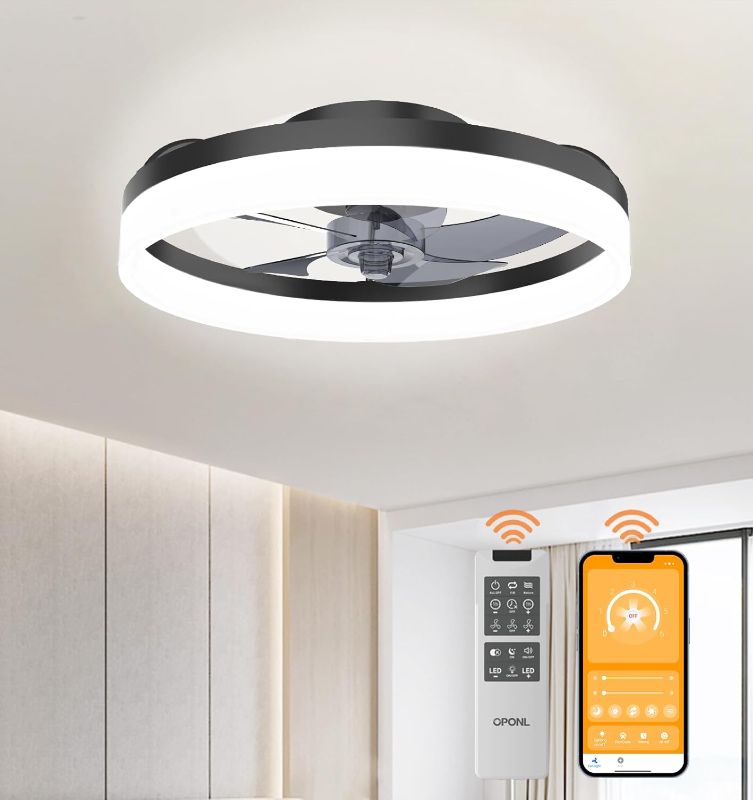 Photo 1 of 19.7" Black Modern Ceiling Fan with Light and Remote, Dimmable, 3000k-6000k 6CCT, 6 Winds Speeds, Flush Mount, Low Profile Ceiling Fan with Light, Bladeless Ceiling Fan for Bedroom