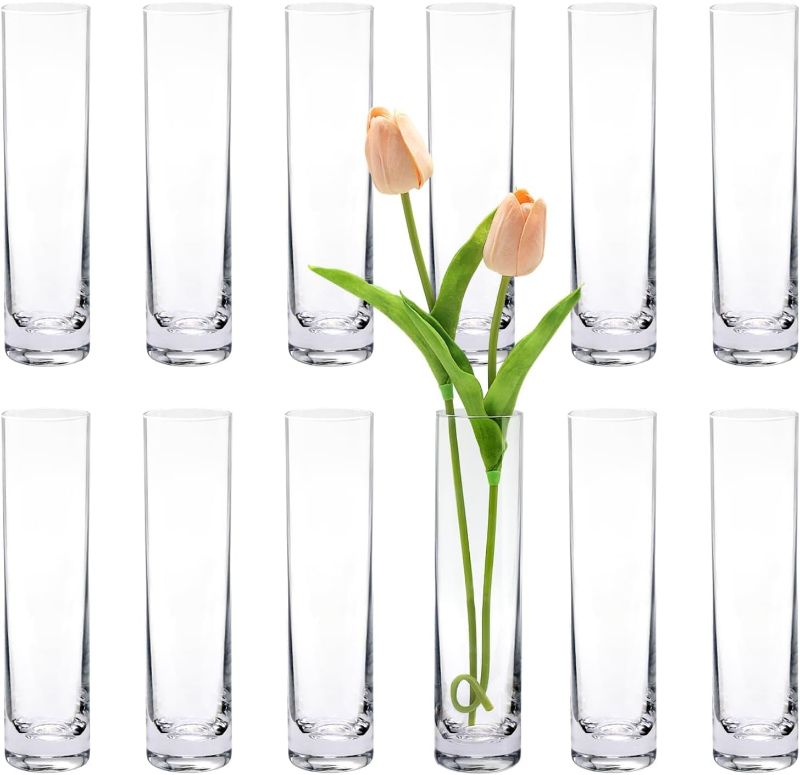 Photo 1 of Glass Cylinder Bud Vases for Centerpieces, Set of 12 Clear Small vases,Handmade Slim Flower Vases Wedding Table Decor for Single Rose vases Bulk, Home Aesthetic Desk Decor, Party Decorations,7.5"