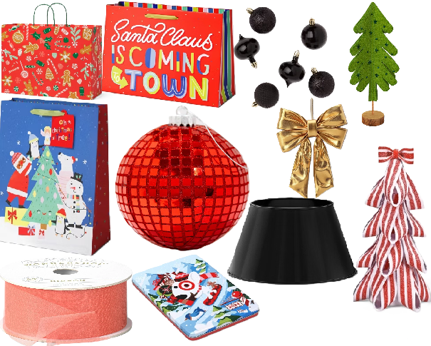 Photo 1 of 13 Item Seasonal & Party Supplies | 2Ct. XL Sweets Vogue Bag, Santa Claus is Coming to Town Large Vogue Christmas Gift Bag Red, 2Ct. Christmas Characters Super Jumbo Gift Bag Blue, Extra Large Red Disco Ball Ornament, 20pc Shatter-Resistant Christmas Tree