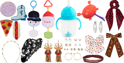 Photo 1 of 22 Item Baby Care, Clothing Accessories, Beauty Accessories | 2CT. Disco Ball and Boots Patch Set, 2CT. Hot Dog and Pizza Patch Set, Sunny Days Chimes - Snowman, 2CT. Sunny Days Chimes - Santa, Weighted Straw Trainer Cup 7oz, Buffalo Plaid Print Hair Twis