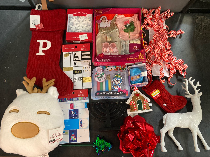 Photo 1 of 15 Item Seasonal & Party Supplies, Toys & Games | Christmas Stocking Red P, 6" Snowflake Mini Christmas Tree Topper White, Christmas Reindeer Pillow, 50ct Peel and Stick Christmas Gift Tag Black/Gold, 50ct Peel and Stick Christmas Gift Tag Icy Blue, Openi