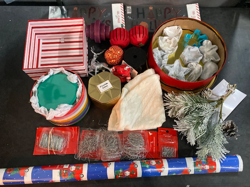 Photo 1 of 21 Item Seasonal & Party Supplies, Home Decor | 8"x8"x4" Stripe Gift Box, Disc Shaped Pillar Candle Purple, 2CT. Happy Holidays Gel Clings, Metal Storage Containers, 4 CT. 200ct Silver Ornament Hook, Metallic Foil Deer Christmas Tree Ornament Silver, 3 Wi