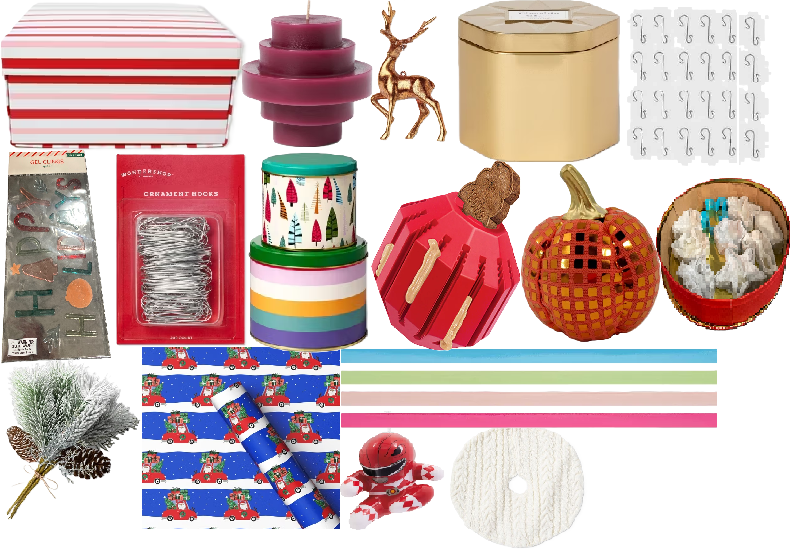 Photo 1 of 21 Item Seasonal & Party Supplies, Home Decor | 8"x8"x4" Stripe Gift Box, Disc Shaped Pillar Candle Purple, 2CT. Happy Holidays Gel Clings, Metal Storage Containers, 4 CT. 200ct Silver Ornament Hook, Metallic Foil Deer Christmas Tree Ornament Silver, 3 Wi