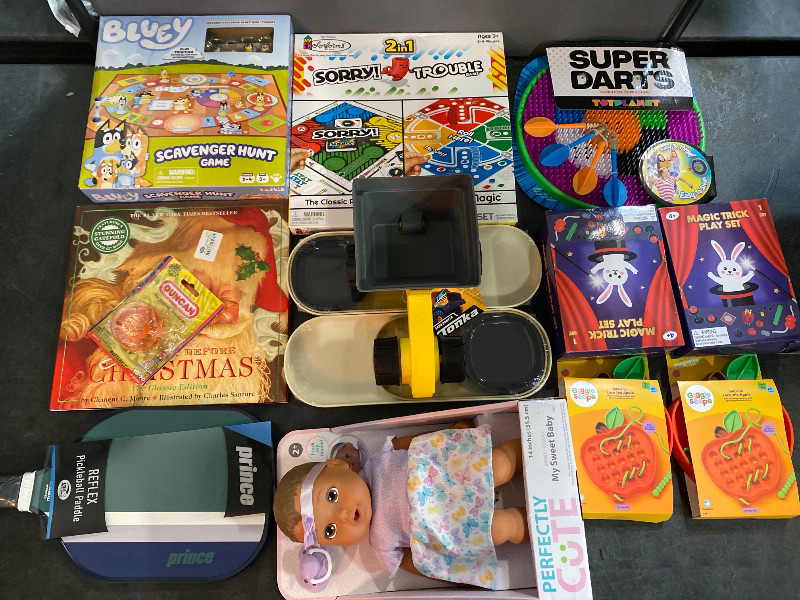 Photo 1 of 14 Item Bundle Toys & Games, Books & Music & Media | Bluey Scavenger Hunt Game, The Night Before Christmas Hardcover, Duncan Toys Imperial Yo Yo Orange, Prince Recreational Pickleball Paddle Green/Navy, Classic Board Games SORRY & TROUBLE, Tonka Sand Dump