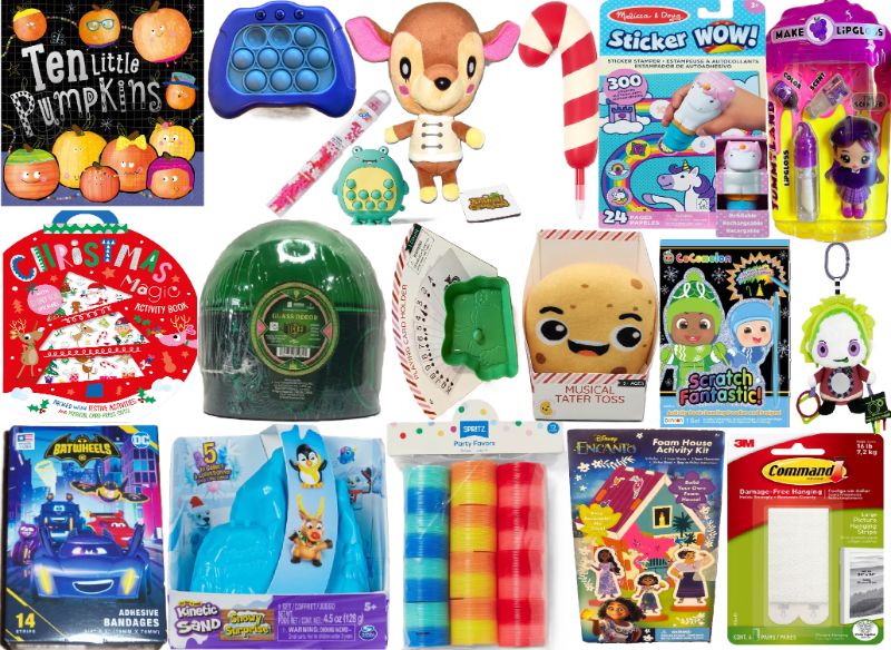 Photo 1 of 21 Item Toys & Games, Home Essentials | 2cT. Ten Little Pumpkins Paperback, Fast Push Machine Light Up Fidget Toys for Kids, Animal Crossing New Leaf Fauna Plush 7", Novelty Ballpoint Pen Candy Cane, 2CT. Mini Building Blocks, 24-Page Activity Pad and Sti