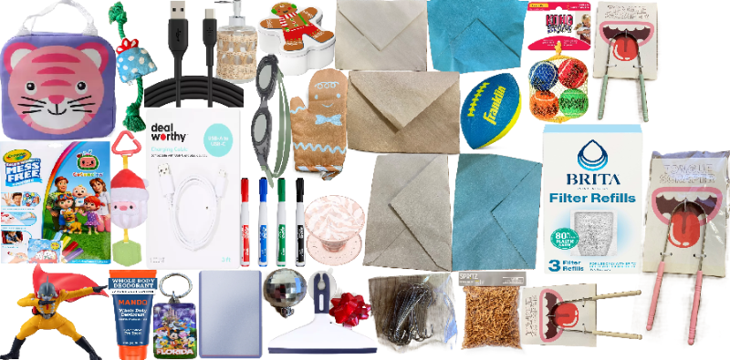 Photo 1 of 38 Item Bundle Seasonal & Party Supplies, Cleaning Supplies, Sports Equipment, Bath & Body, Arts & Crafts & Sewing, Kitchen & Dining, Electronic Accessories, Phone Chargers, Pet Supplies, Baby Toys | Tiger Lunch Bag, Blue/Red Dog Chew Toy, Color Wonder Co