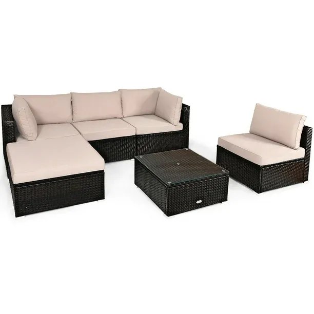 Photo 1 of Patiojoy 6PCS Patio Rattan Furniture Set Outdoor Sectional Sofa Set w/Coffee Table & Ottoman Brown