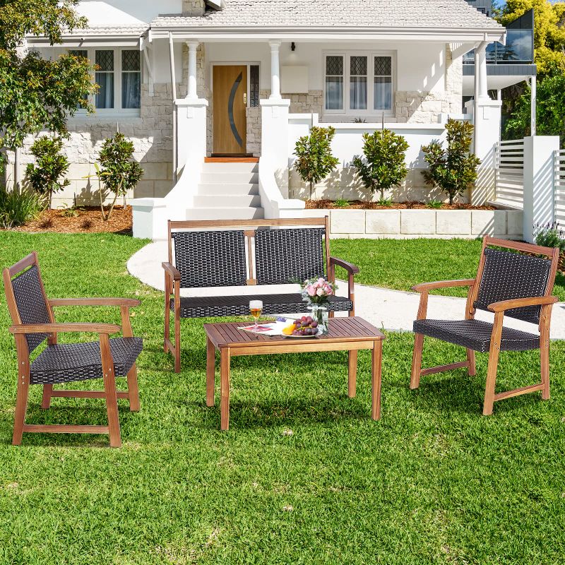 Photo 1 of 4-Pieces Acacia Wood Frame Patio Rattan Furniture Set Sofa Loveseat Garden