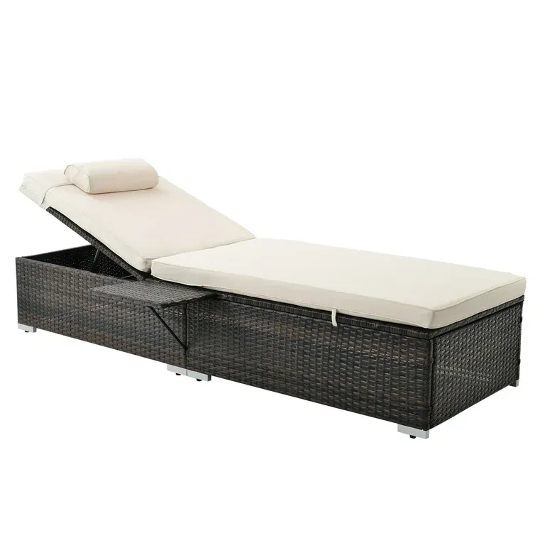 Photo 1 of Wicker Outdoor Chaise Lounge with Adjustable Backrest And Off White Cushion