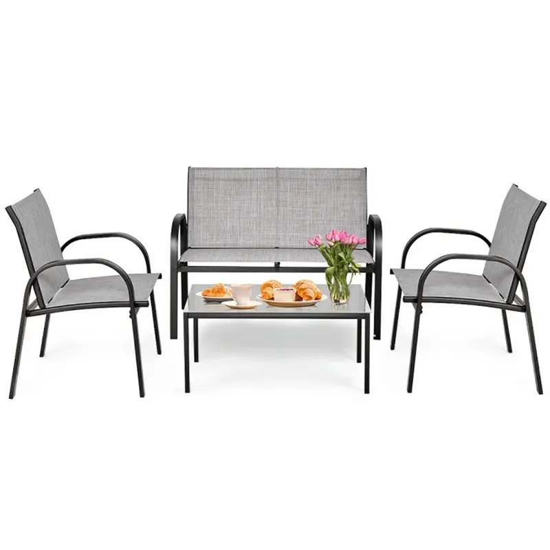 Photo 1 of Gray 4-Piece Metal Patio Conversation Set with Glass Top Coffee Table