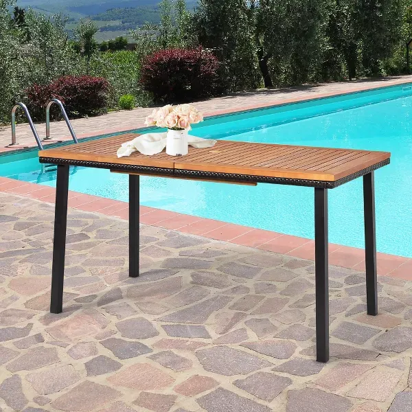Photo 1 of Costway 55'' Patio Rattan Dining Table Acacia Wood Table Top Umbrella Hole